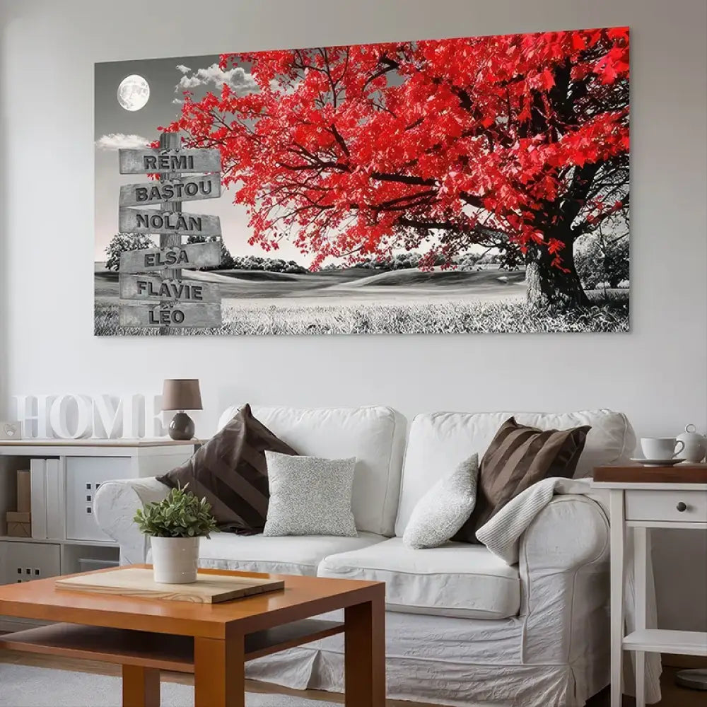 tableau personnalisé prénoms arbre rouge et panneau en bois

