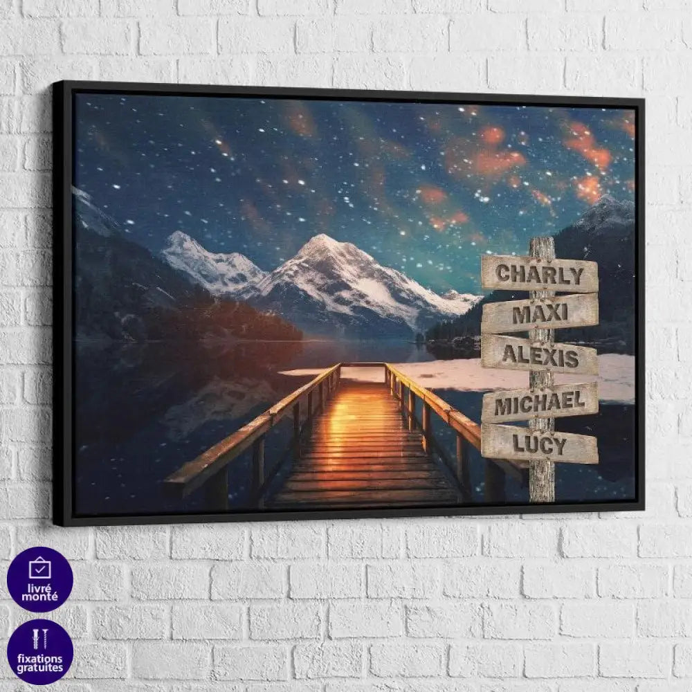 Tableau Personnalisé Prénoms Ponton Lac Neige - Montableaudeco