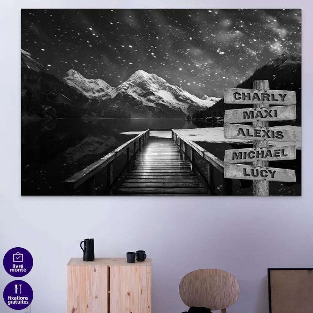 Tableau Personnalisé Prénoms Ponton Lac Neige - Montableaudeco