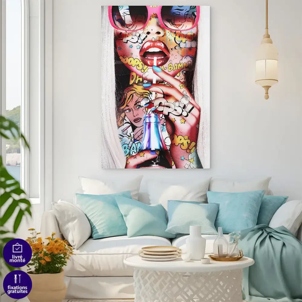Tableau moderne femme style comics pop art - explosion de couleurs et d'énergie

