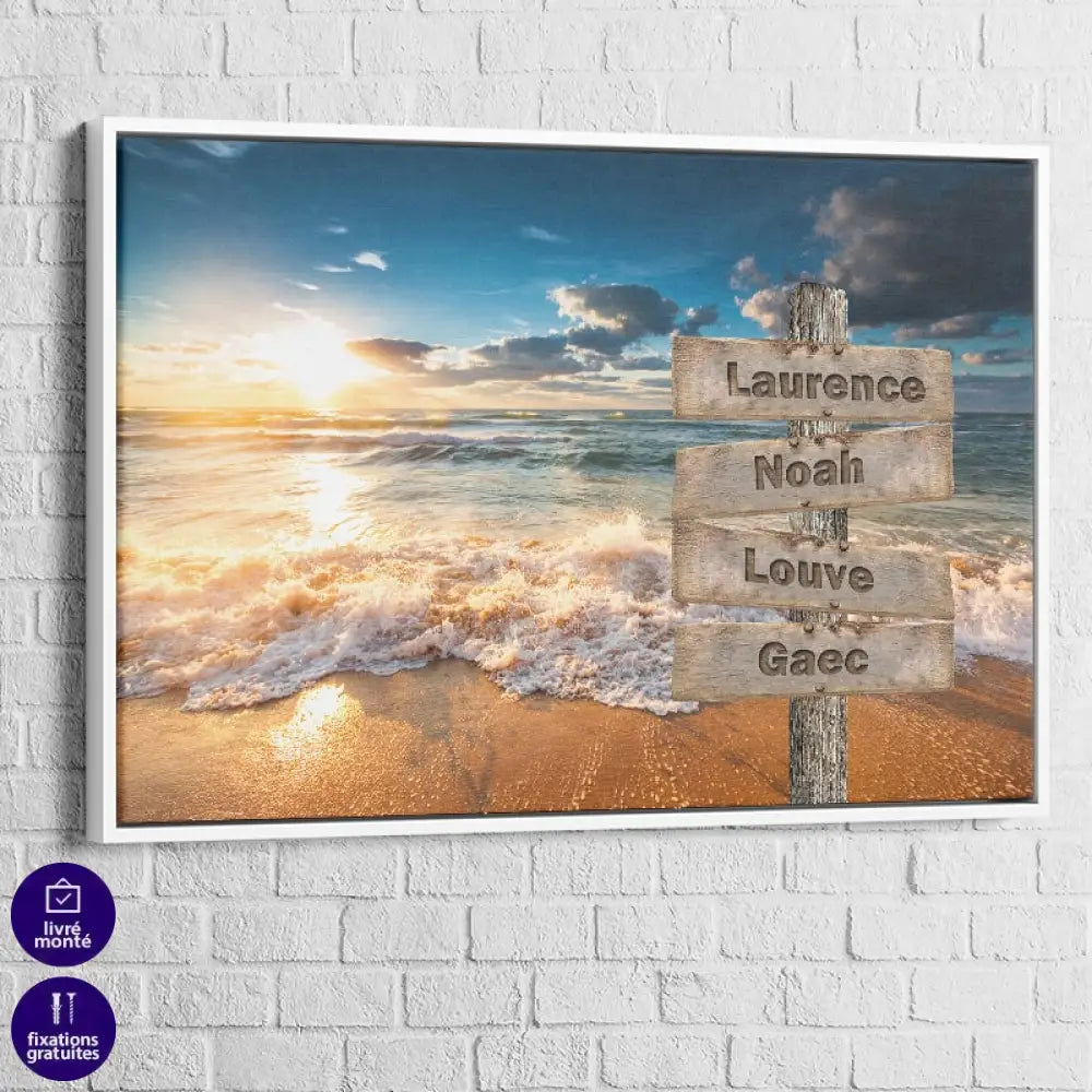 Tableau Prénoms Famille Bord de Plage 40x60cm / Cadre Blanc Toile Imprimée