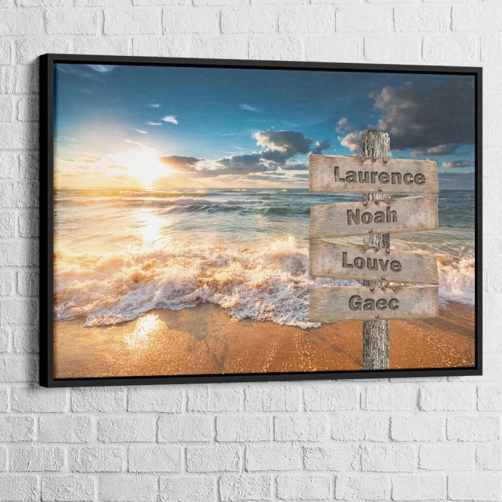 Tableau Prénoms Famille Bord de Plage 40x60cm / Cadre Noir Toile Imprimée