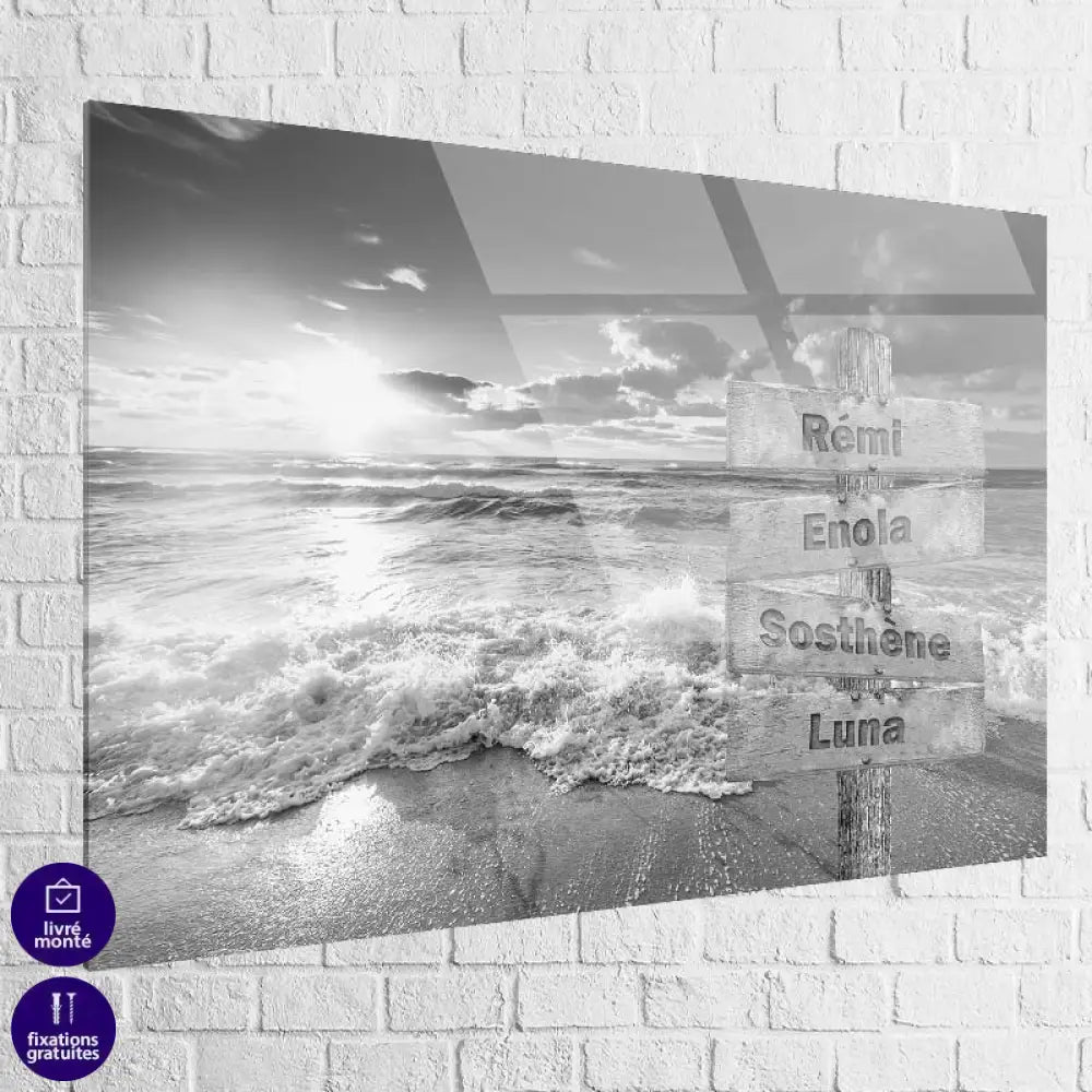 Tableau Prénoms Famille Plage Noir et Blanc 40x60cm / Plexiglas Toile Imprimée