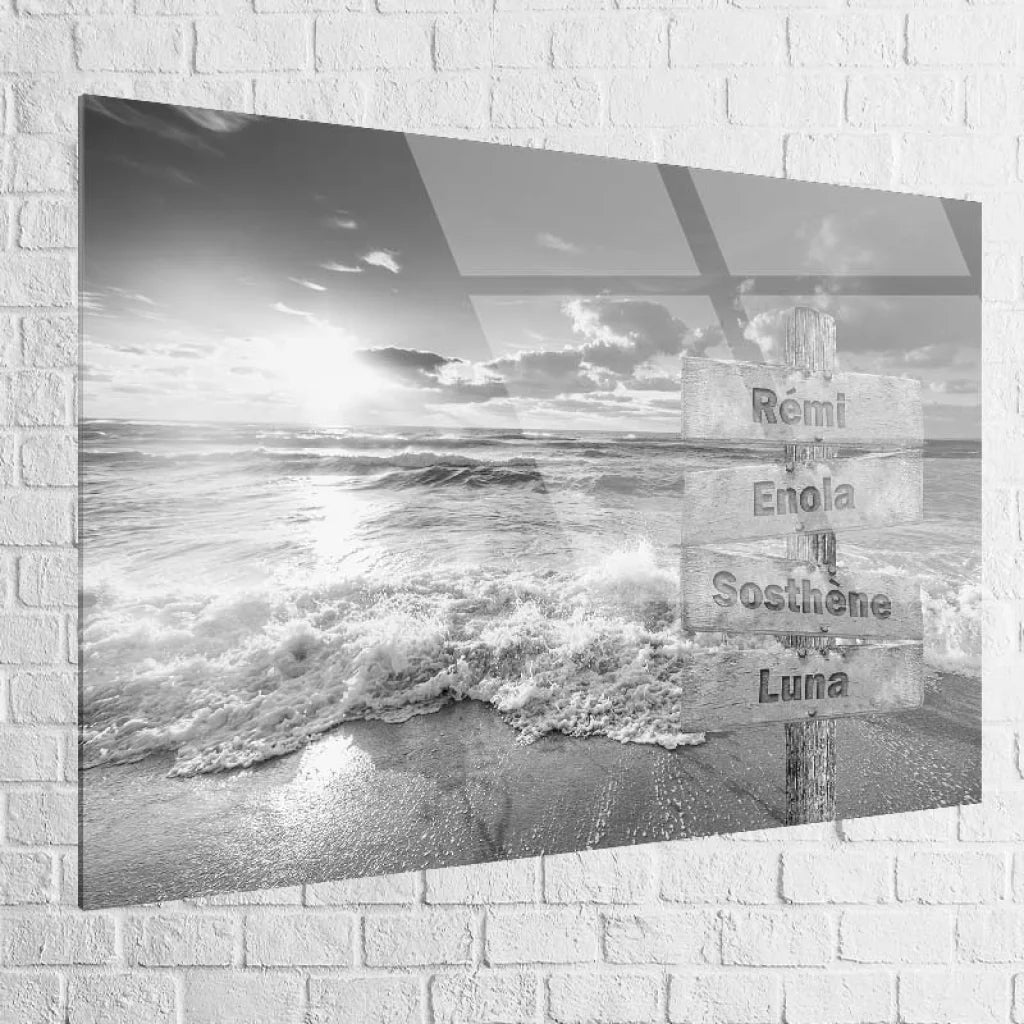 Tableau Prénoms Famille Plage Noir et Blanc 40x60cm / Plexiglas Toile Imprimée