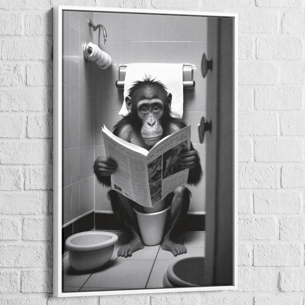 Tableau Singe aux Toilettes 40x60cm / Cadre Blanc Tableau Singe