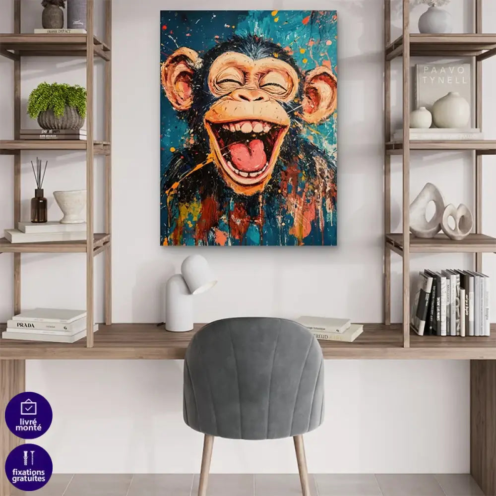 Décoration murale avec singe souriant sur fond graphique

