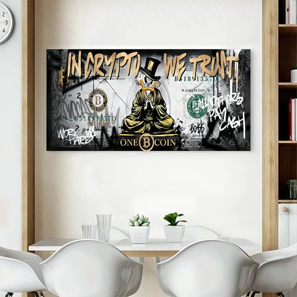 Tableau mural tendance crypto "In Crypto We Trust" ambiance graffiti luxe

