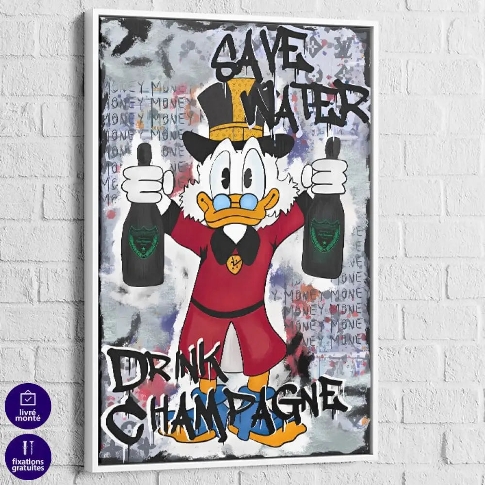 Tableau Street Art Canard et Champagne 40x60cm / Cadre Blanc Tableau Street Art