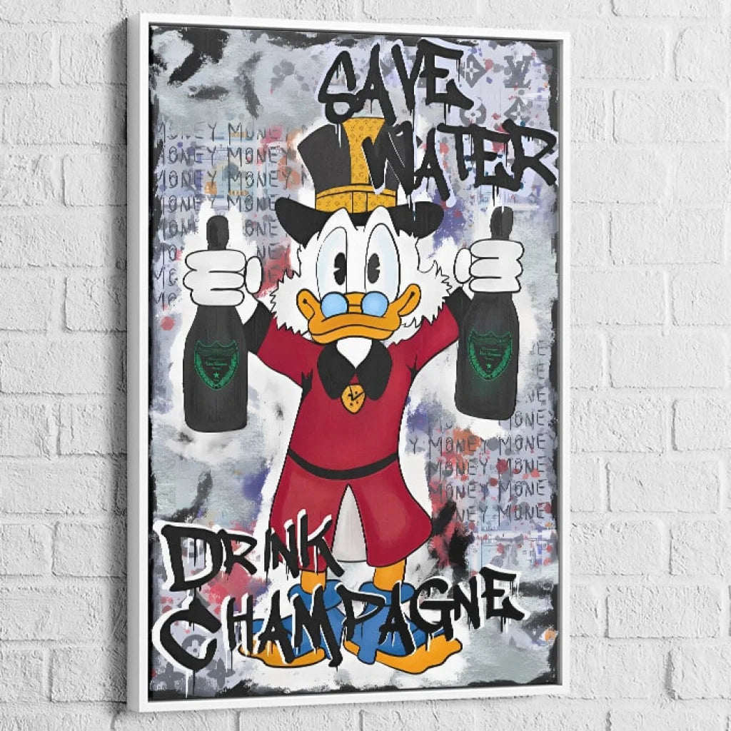 Tableau Street Art Canard et Champagne 40x60cm / Cadre Blanc Tableau Street Art