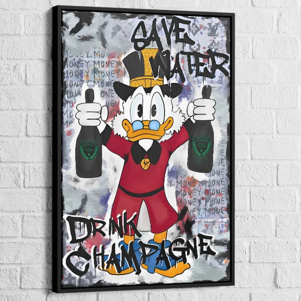Tableau Street Art Canard et Champagne 40x60cm / Cadre Noir Tableau Street Art