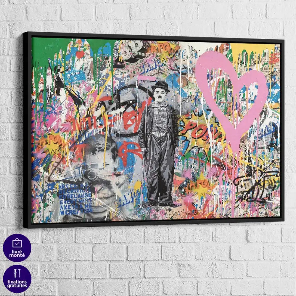 tableau street art cœur rose cadre noir