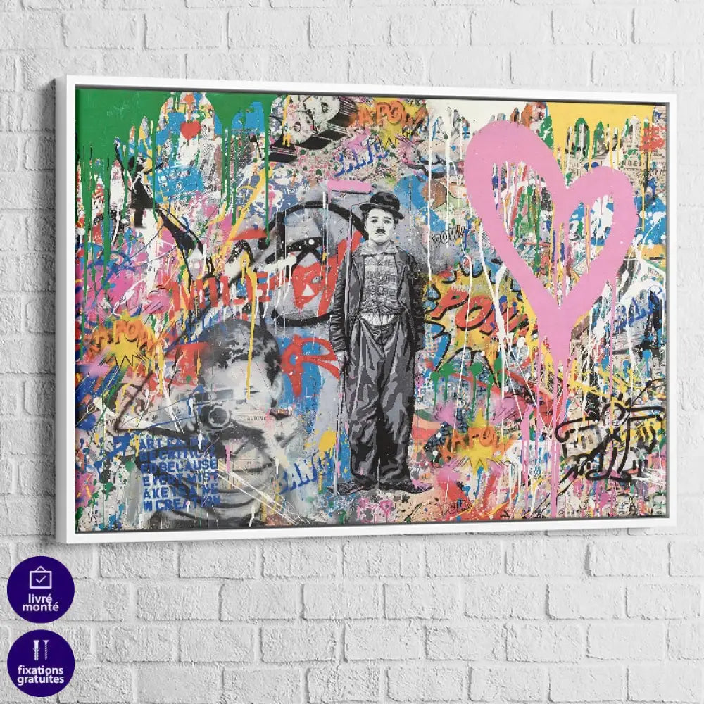 tableau street art Charlie Chaplin cadre blanc