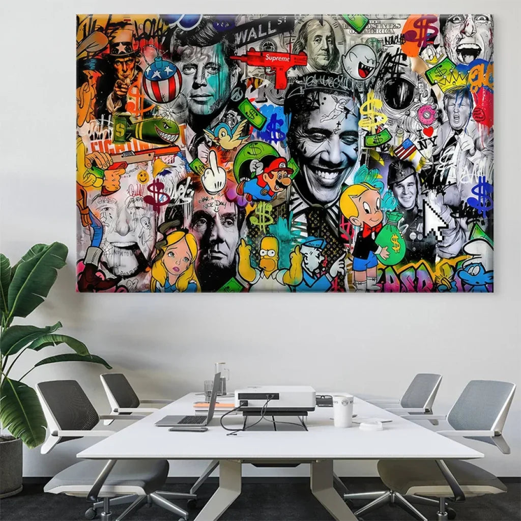 Tableau street art coloré avec icônes pop culture américaine

