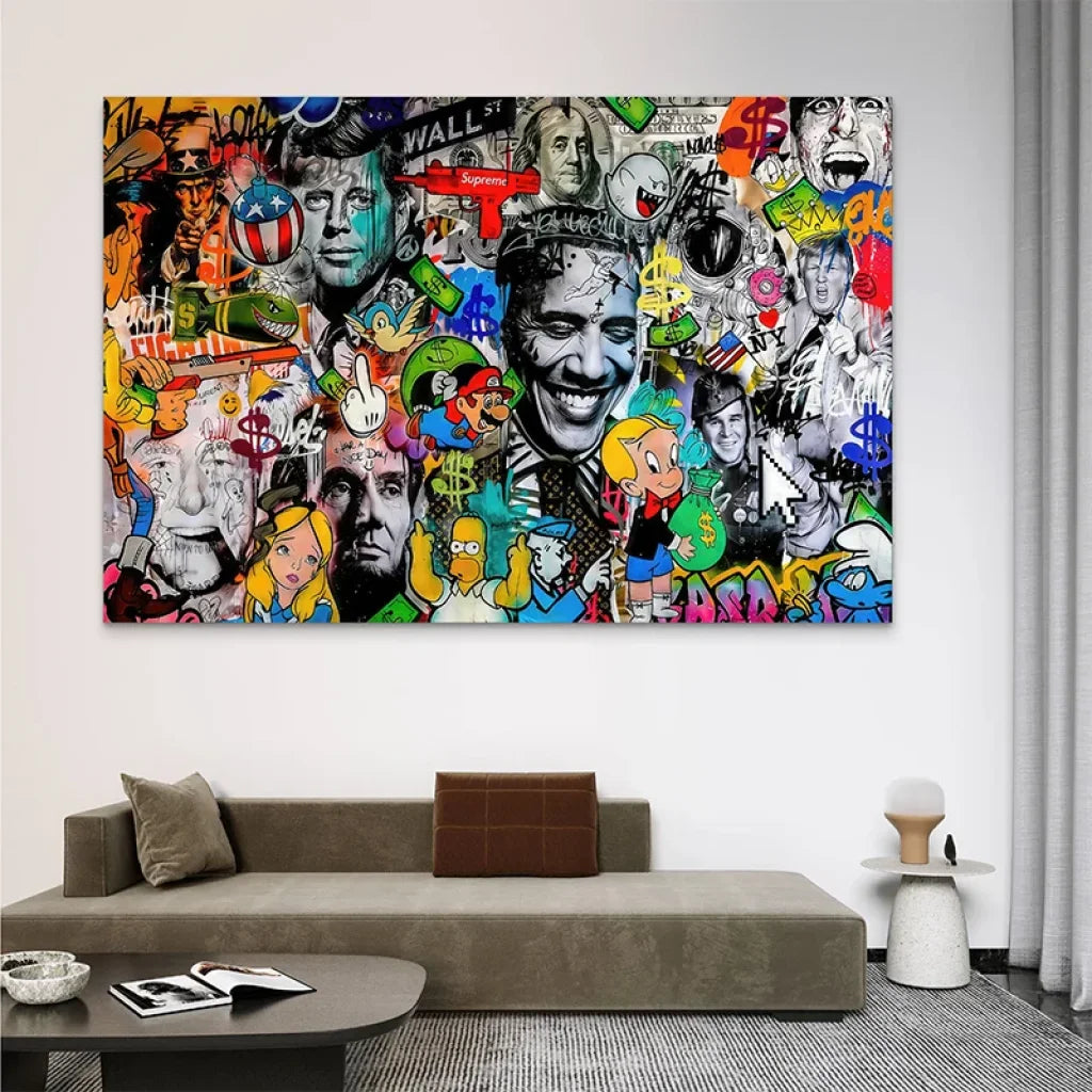 Œuvre murale moderne avec Barack Obama, JFK et dessins animés

