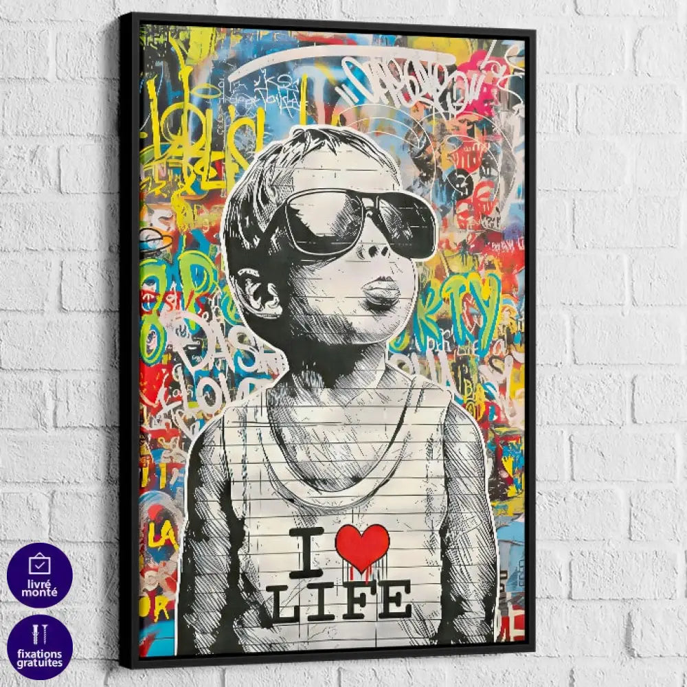 Tableau street art cadre noir garçon aux lunettes graffiti urbain