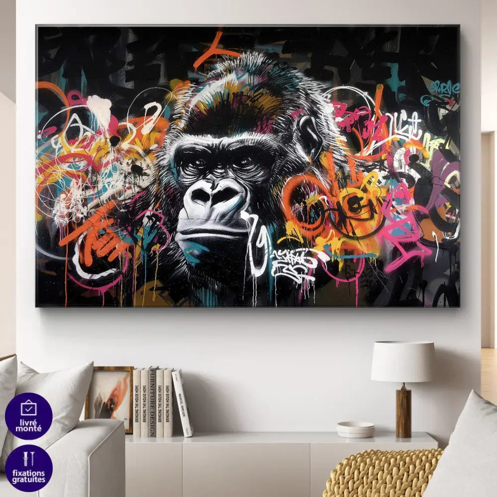 Tableau gorille street art "Rage Urbaine" sur fond de graff coloré

