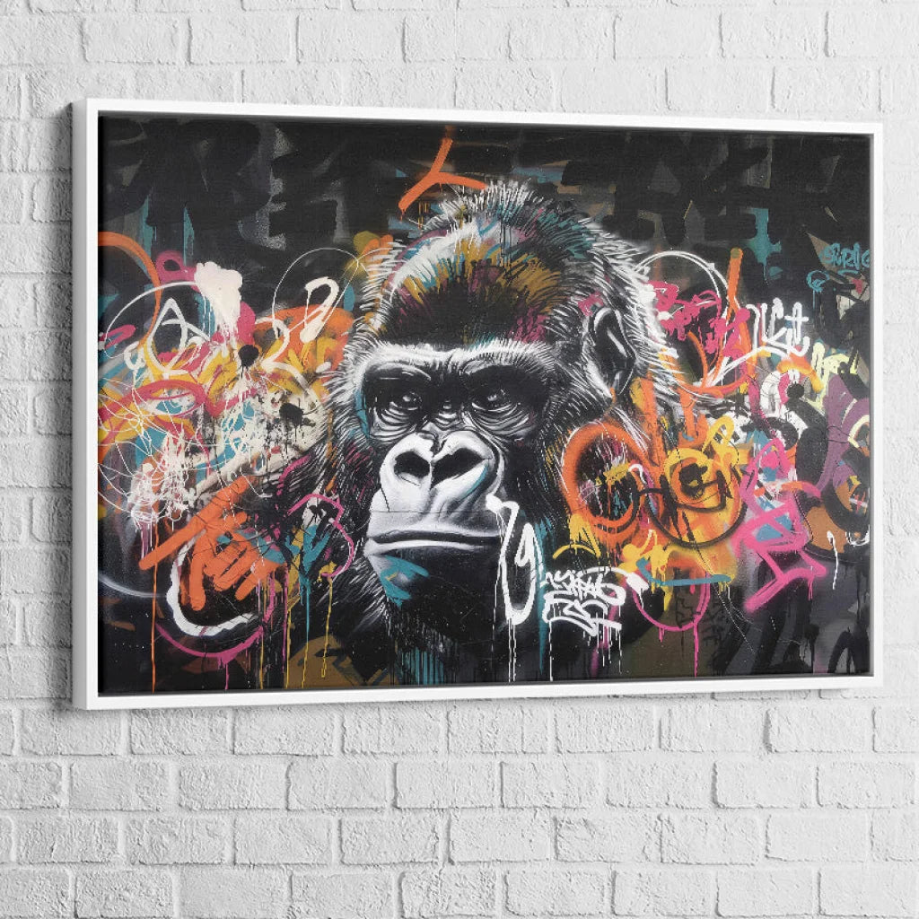 Tableau déco puissant avec gorille réaliste et coulures de peinture

