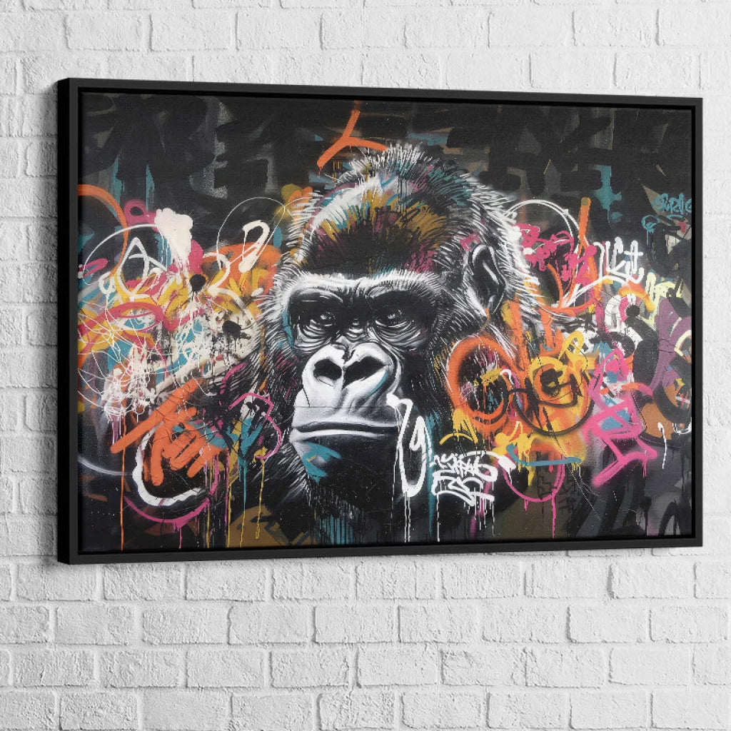 Portrait de gorille en noir et blanc dans un chaos de couleurs fluo

