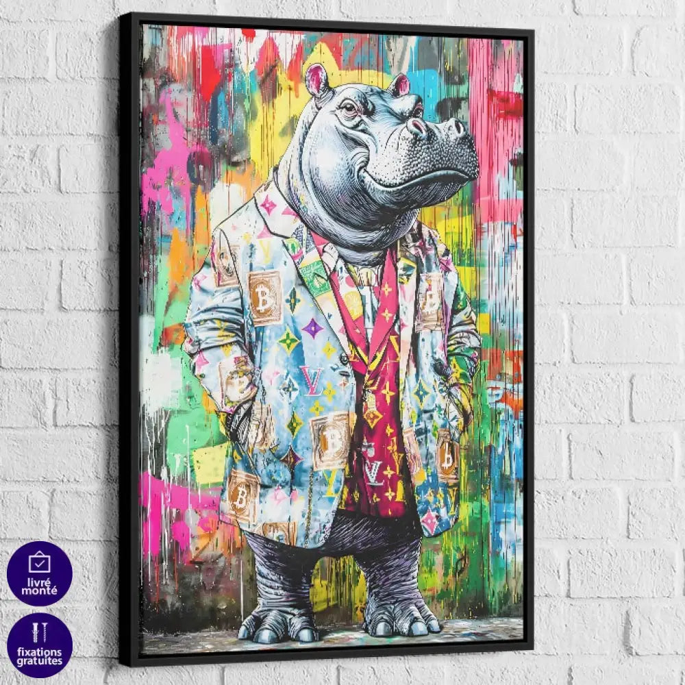 Tableau street art cadre noir – hippo gentleman multicolore