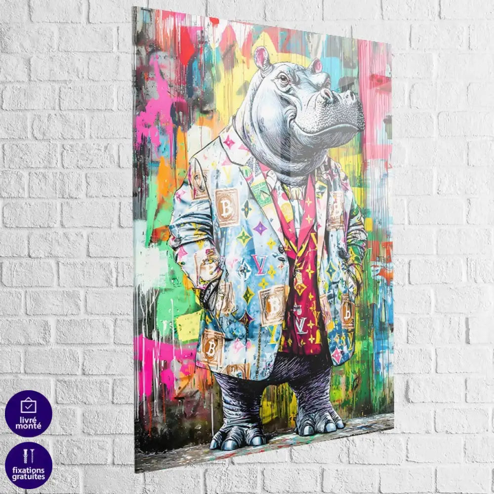 Tableau street art plexiglas – hippo en costume rendu brillant