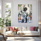 Tableau street art femme de dos, ambiance loft et industrielle