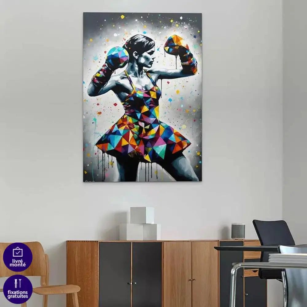 Femme en noir et blanc avec robe géométrique et gants de boxe colorés

