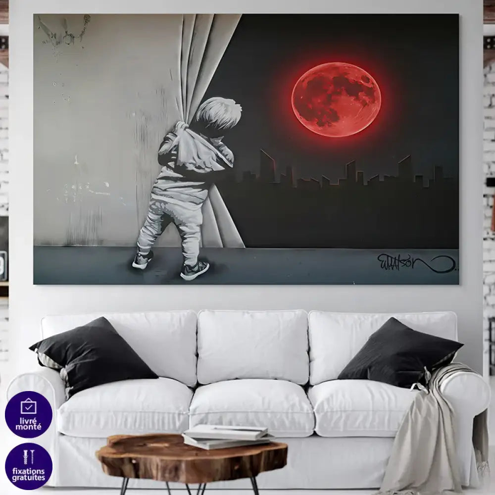 L’Enfant et la Lune Rouge – déco murale moderne noir & rouge