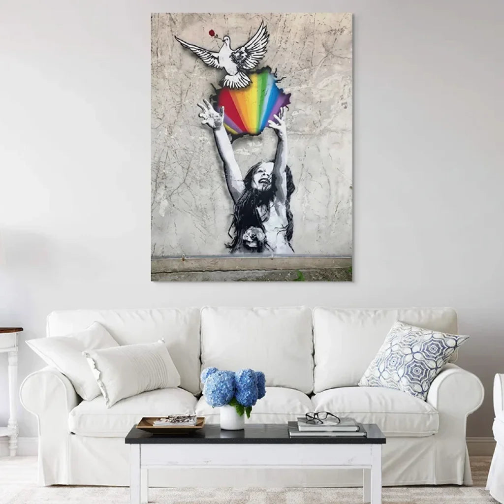 Tableau street art poétique – liberté, espoir, oiseau blanc