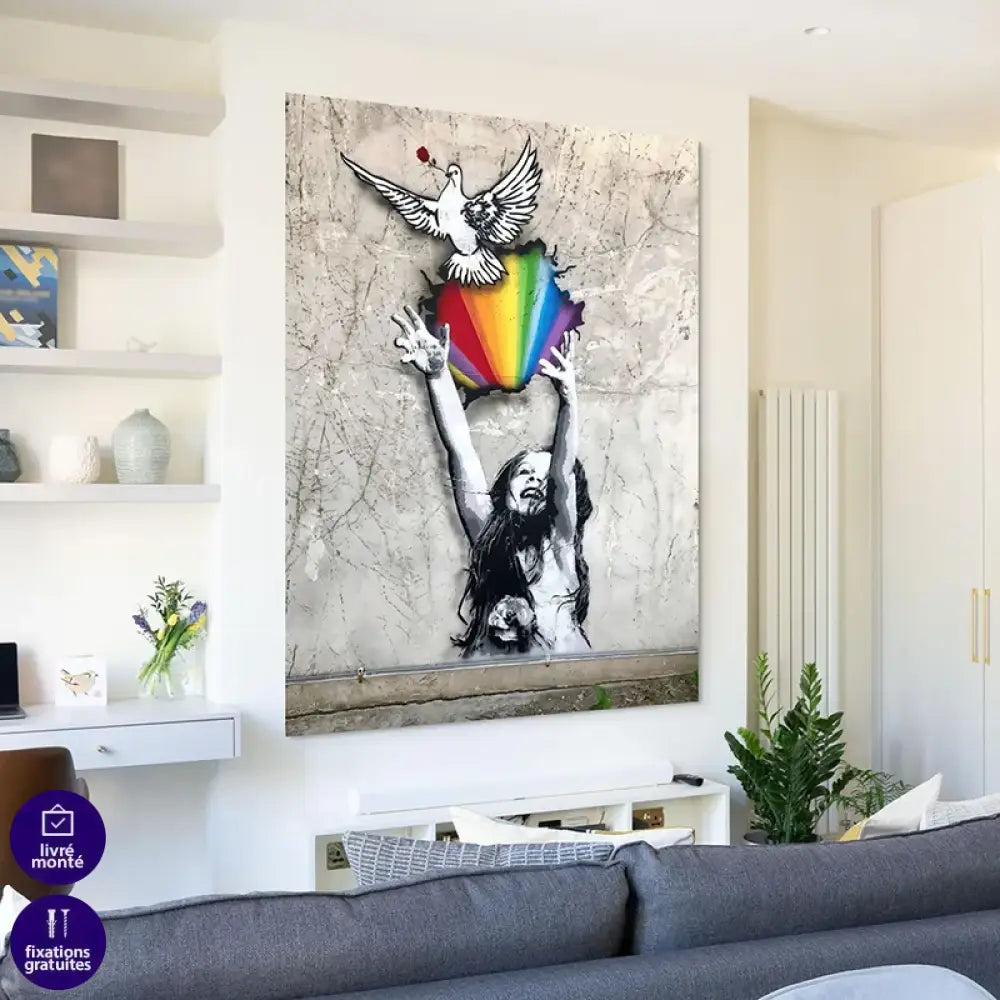 Tableau street art moderne sur mur béton, couleurs vives