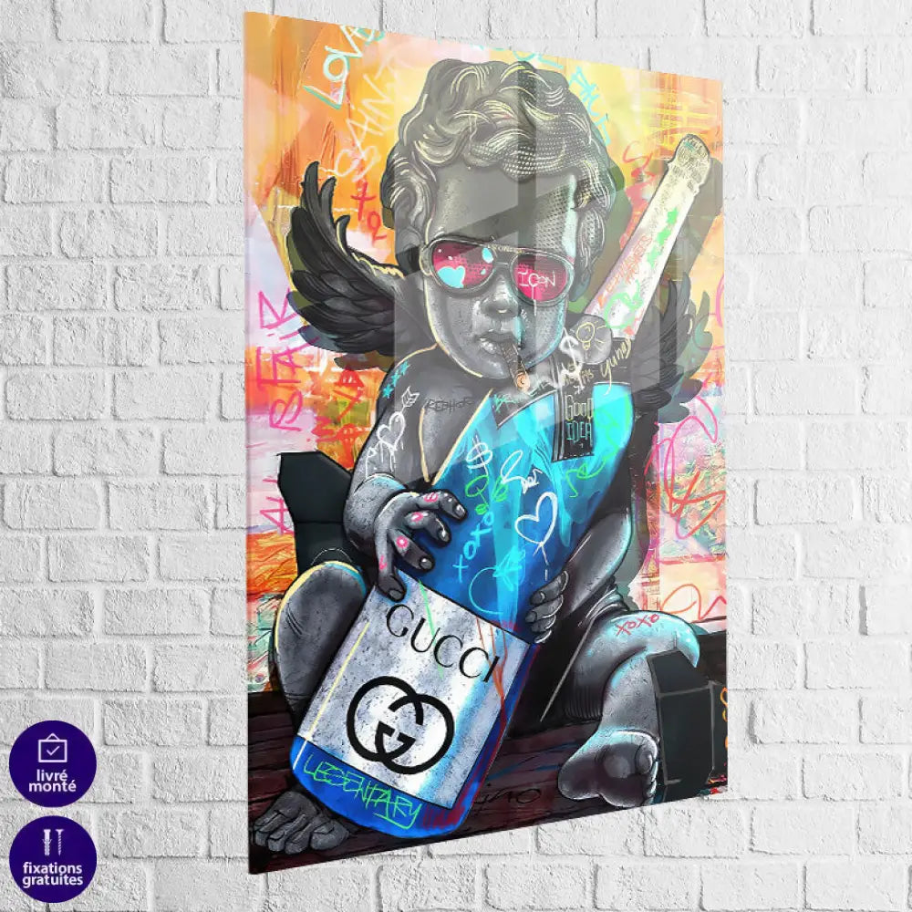 Tableau contemporain chérubin noir avec éléments Gucci et graff

