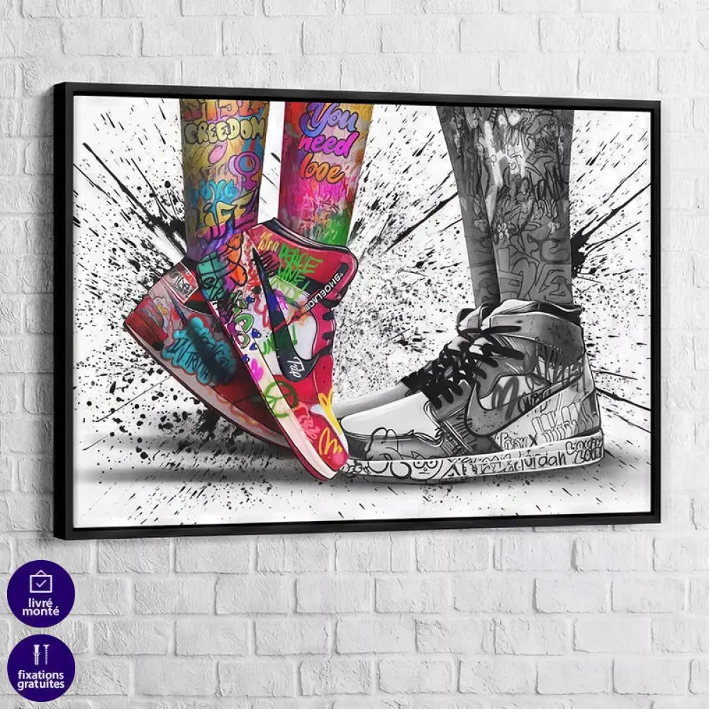 Tableau design Nike avec jambes tatouées en noir et blanc

