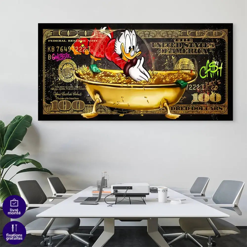 Tableau Street Art Picsou Empire dans une baignoire d’or sur fond de billet

