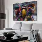 Tableau Singes Urbains format XXL au-dessus d’un canapé, ambiance industrielle