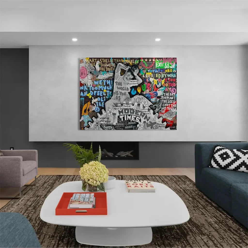 Toile contemporaine Temps Modernes avec Charlie Chaplin et lettrages

