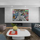 Toile contemporaine Temps Modernes avec Charlie Chaplin et lettrages

