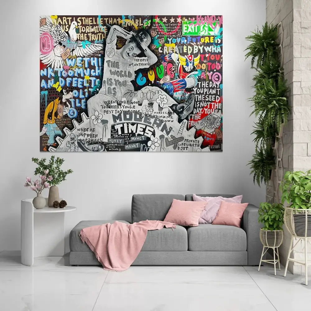 Tableau Street Art Temps Modernes avec citations et icônes pop culture

