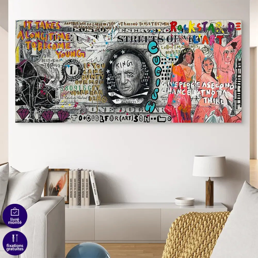 Œuvre murale provocante mélangeant art, argent et citations visuelles

