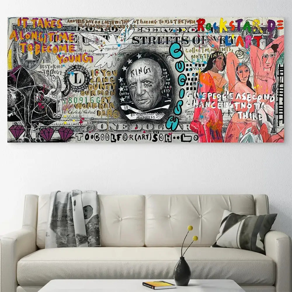 Toile contemporaine style pop art avec Picasso sur billet de un dollar

