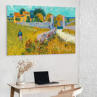 Paysage provençal de Van Gogh, maison ocre et champs dorés sous ciel turquoise