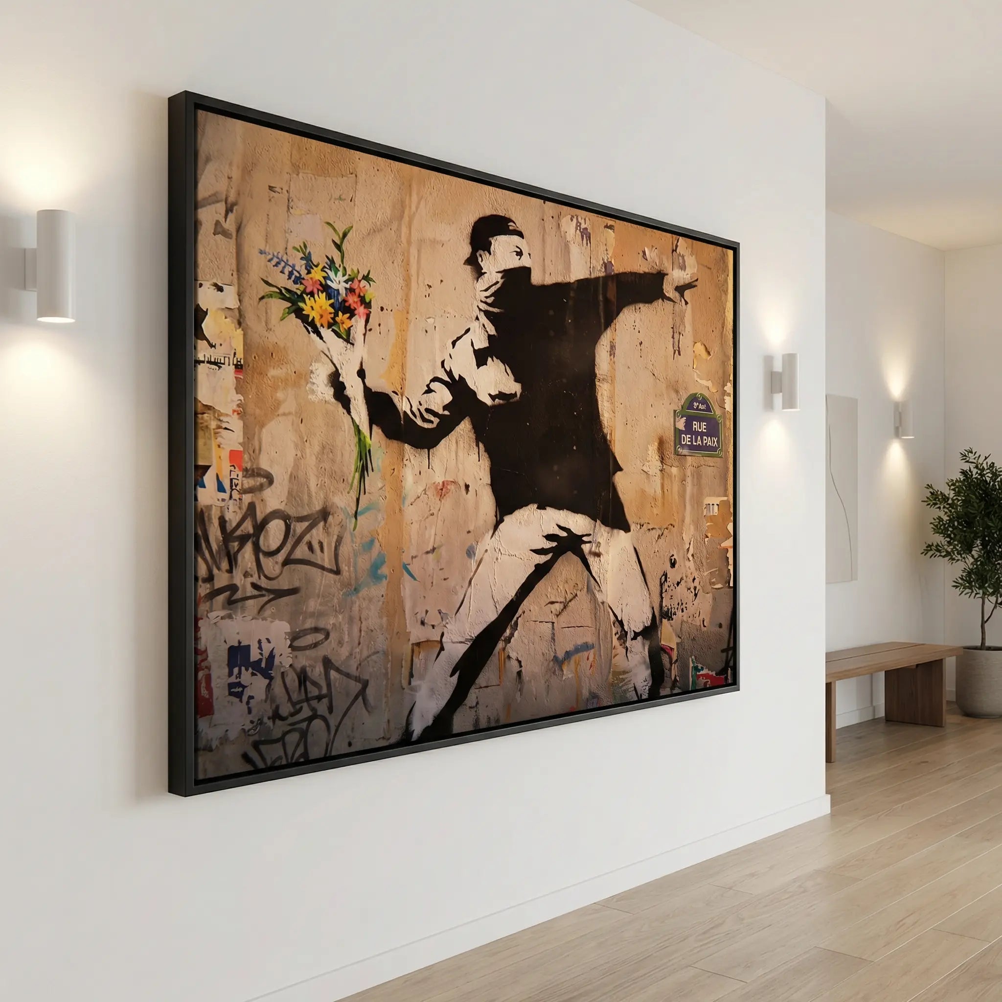 tableau street art cadre flottant noir rage the flower thrower
