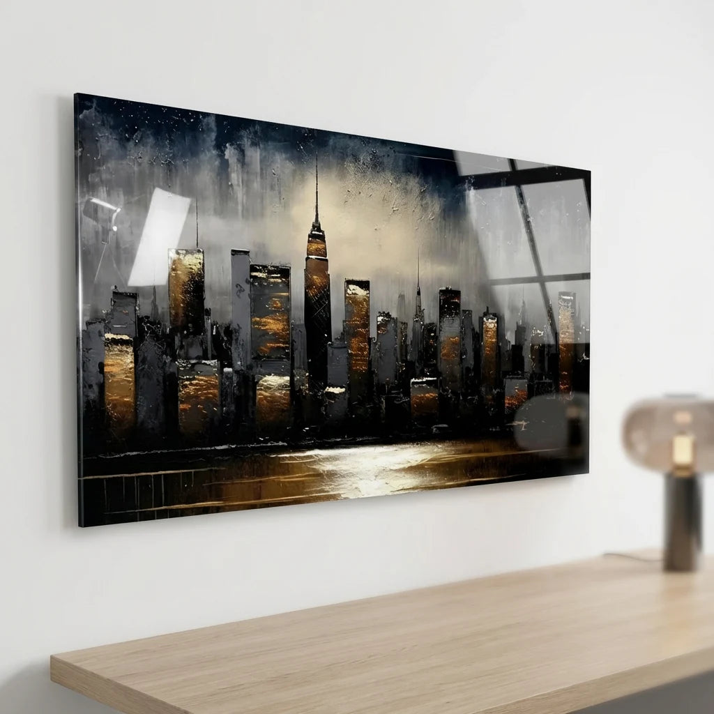 tableau ville contemporaine effet doré art moderne